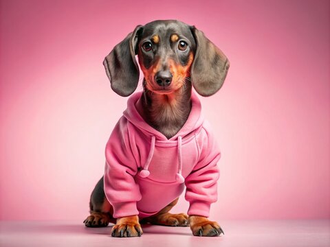 Cool Dachshund Puppy in Pink Sweatsuit as Fitness Model Over Soft Pink Background with Ample Copy Space for Creative Fitness Promotions and Pet-Themed Marketing Materials
