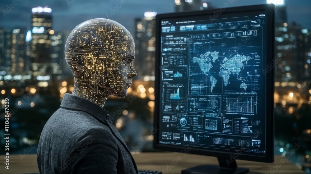 Poster a futuristic digital human with glowing brain analyzing data on a computer screen