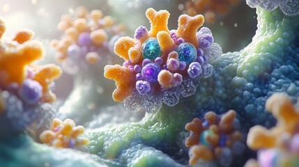 A Colorful, Close-Up View of a Virus Particle Surrounded by Other Viral Structures