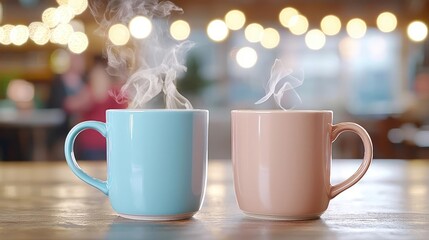 Coffee shop vignette with warm lighting, two steaming cups, and friends in an engaging conversation, highlighting human connection