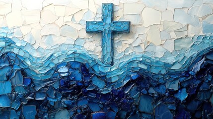 A mosaic tile depicts a cross with blue water flowing from it against a white background
