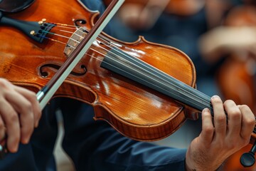 Musicians performing together with violins in a classical concert setting showcasing dynamic string...