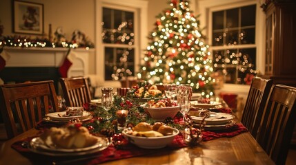 A festive Christmas dinner scene with a decorated table, holiday dishes, and a beautifully adorned tree in the background