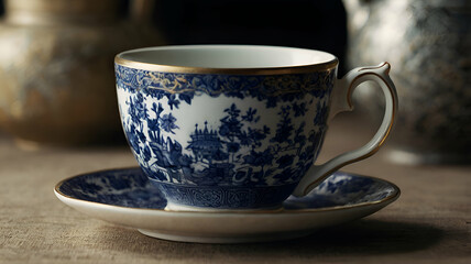 Fototapeta premium Tea cup illustration A delicate Victorian porcelain teacup and saucer, hand-painted with floral motifs in soft pastel colors, isolated on a pristine wooden table background.