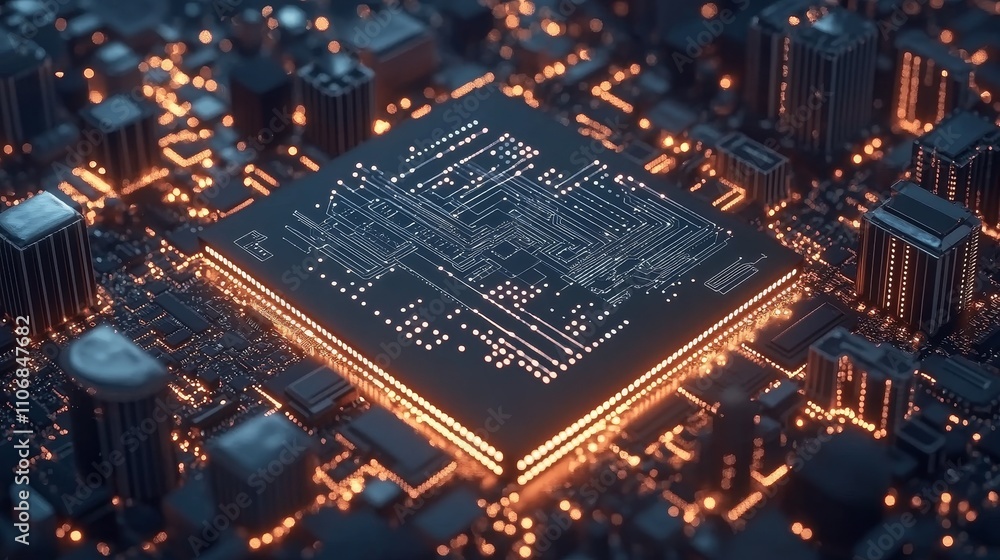Poster illuminated central processing unit in a futuristic cityscape