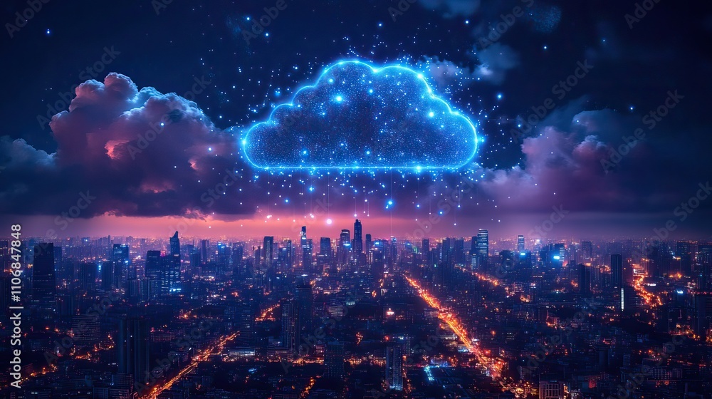 Poster a network of digital devices and connections hovers over a cityscape, representing the concept of cl