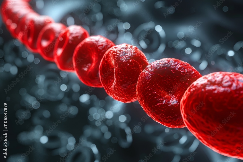 Poster close-up view of red blood cells flowing in a dark, abstract environment with luminous details highl