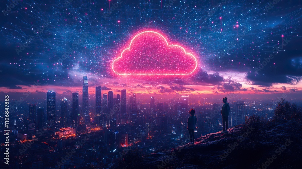 Poster a network of digital devices and connections hovers over a cityscape, representing the concept of cl