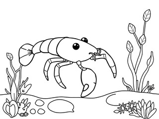 Adorable Hand-Drawn Crayfish Illustration: Underwater Scene Coloring Page. AI Generated