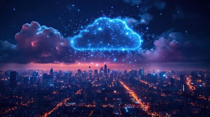 Obraz premium A network of digital devices and connections hovers over a cityscape, representing the concept of cloud computing