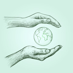A hand holding a globe of the Earth, with another hand reaching out to support it, symbolizing environmental protection and global responsibility. Earth day concept. Vector line drawing illustration