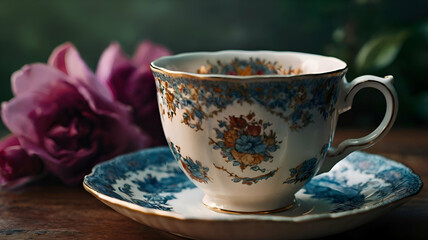 Fototapeta premium Tea cup illustration A delicate Victorian porcelain teacup and saucer, hand-painted with floral motifs in soft pastel colors, isolated on a pristine wooden table background.