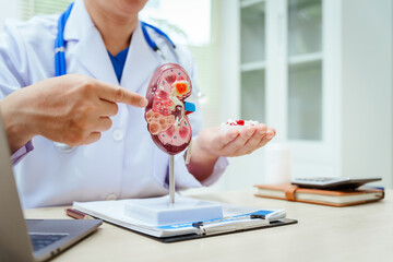 A male doctor sits at a desk in a hospital, explaining kidney models and symptoms of kidney...