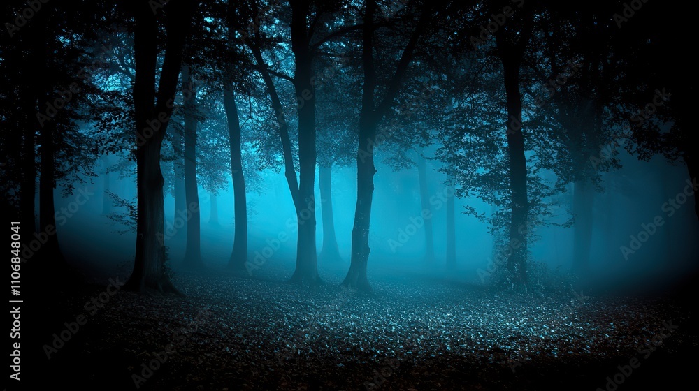 Poster a night-time forest scene with fog and dark shadows, creating a spooky and mysterious horror atmosph
