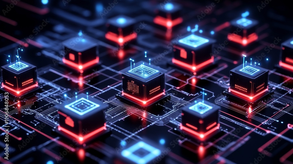 Poster abstract representation of a network of connected data cubes with red and blue glowing lines