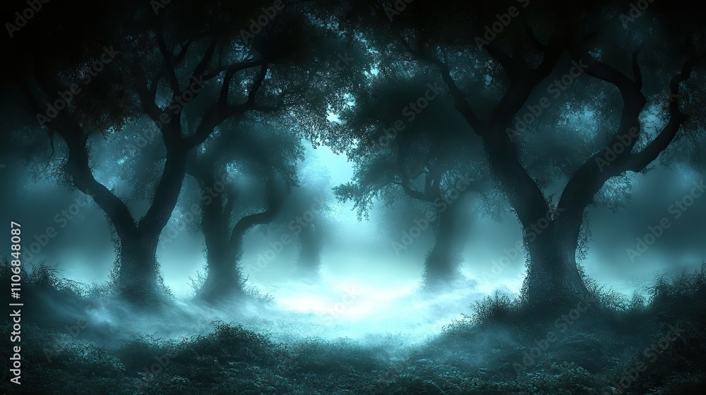 Poster a night-time forest scene with fog and dark shadows, creating a spooky and mysterious horror atmosph