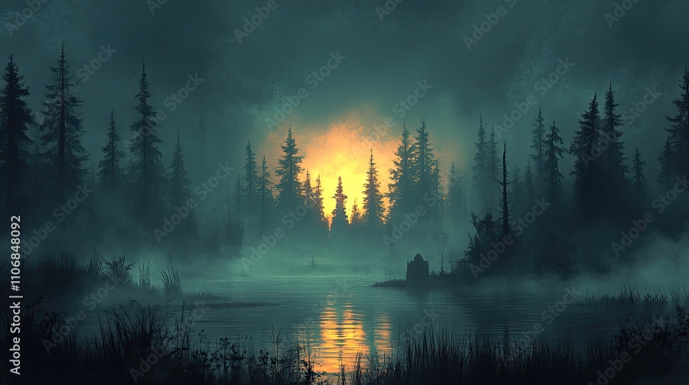 Poster a night-time forest scene with fog and dark shadows, creating a spooky and mysterious horror atmosph