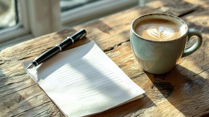 A handwritten shopping list on a piece of paper, placed beside a pen and a cup of coffee on a kitchen counter.
