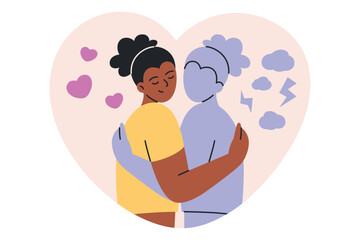 Vector illustration of self acceptance, inner piece and mental health. Person hugging shadow inside heart shape, embracing positive and negative emotions, balance and harmony. Flat cartoon style