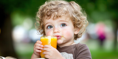 Fototapeta premium Getting the kids ready for school concept, Cute child with curly hair enjoying a glass of orange juice in a sunny outdoor setting.