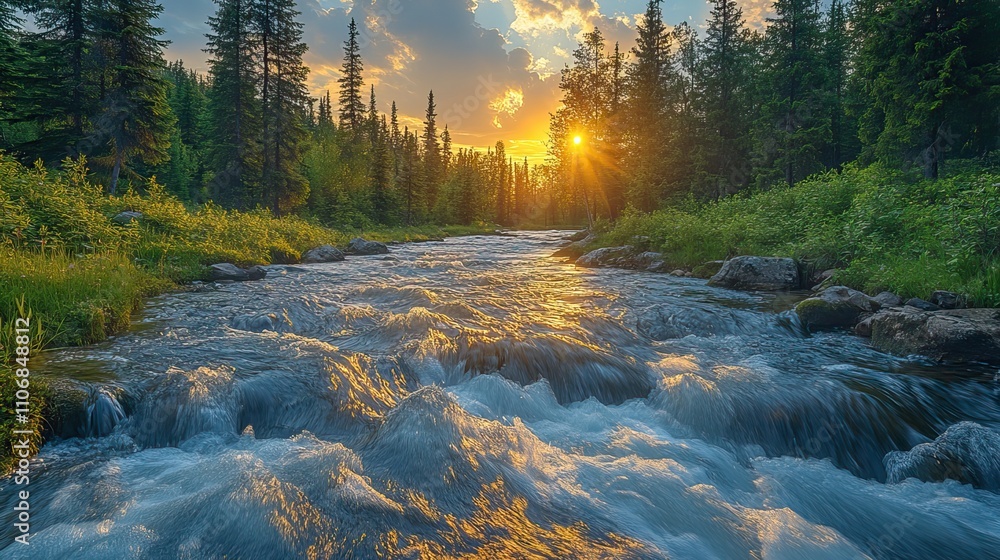 Poster a panoramic photo captures a beautiful river flowing through a forest, with sunlight filtering throu