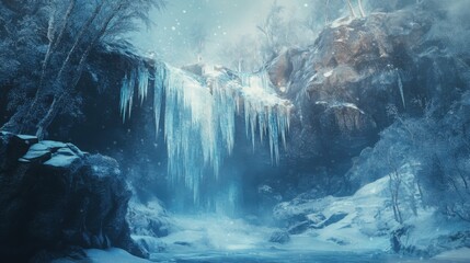 Frozen waterfall with icicles, cold and beautiful, natural wonder, winter landscape, serene and magical, untouched snowy environment.