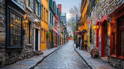 Fototapeta premium cobblestone street lined with colorful buildings, European charm, early morning light, empty street, peaceful atmosphere