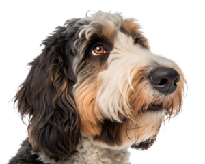 Bernedoodle dog portrait isolated on white background. Bernedoodle headshot on white background