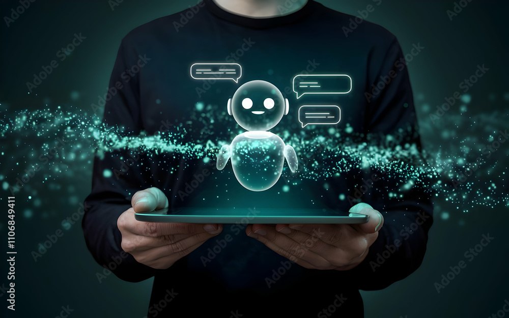 Poster ai chatbot on tablet: futuristic concept showing a man holding a tablet displaying a holographic ai 