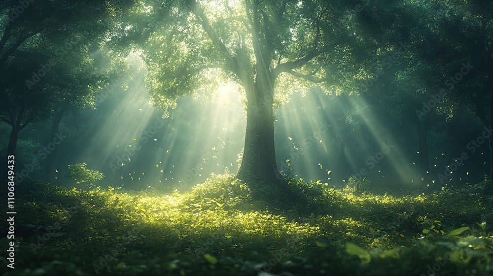 Poster a panoramic view of a forest with sunlight filtering through tall trees creates an enchanting atmosp