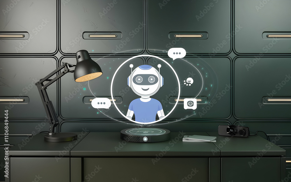 Poster the future of communication: futuristic robot avatar on a desk in a modern office setting, symbolizi