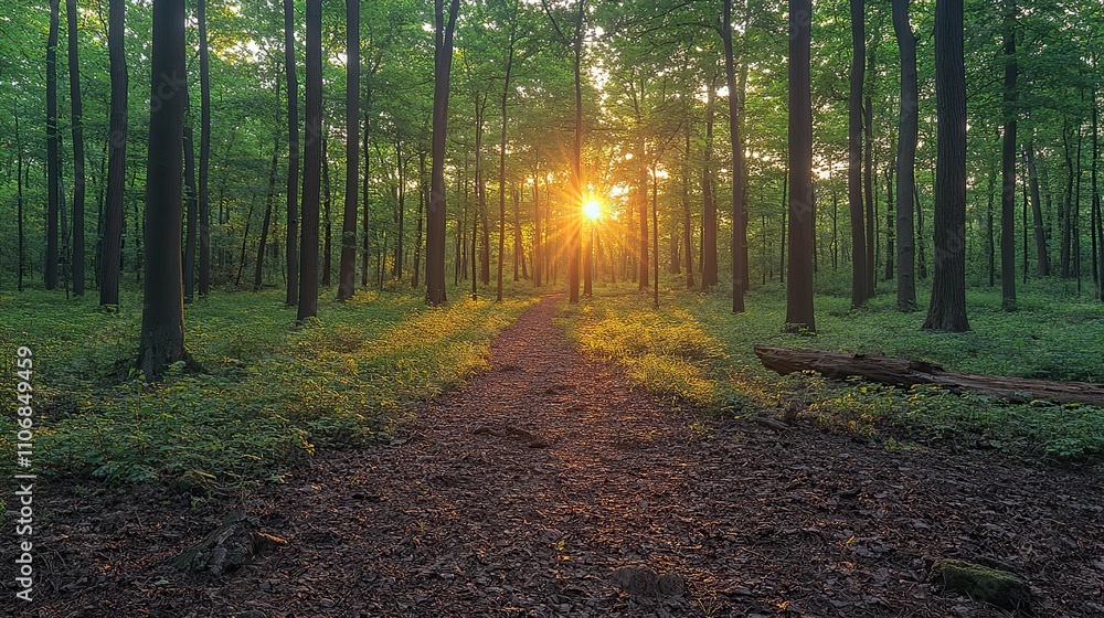 Poster a panoramic view of a forest with sunlight filtering through tall trees creates an enchanting atmosp