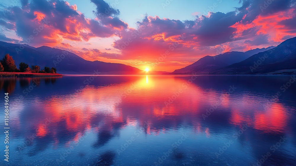 Poster a panoramic view showcases a colorful sunset over serene waters, with mountains in the background ad