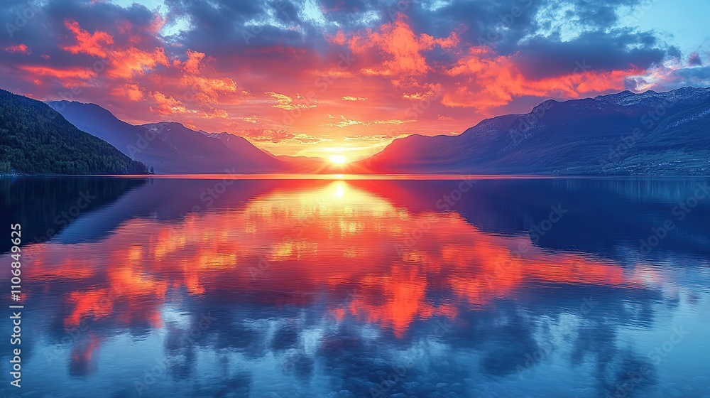 Poster a panoramic view showcases a colorful sunset over serene waters, with mountains in the background ad