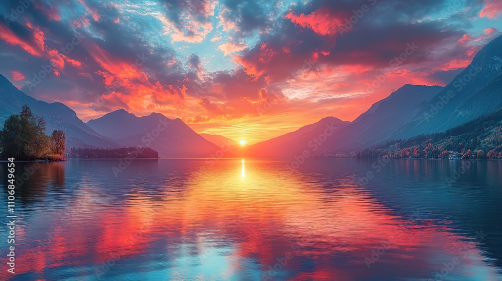 Poster a panoramic view showcases a colorful sunset over serene waters, with mountains in the background ad