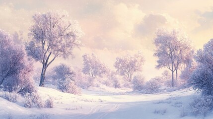 Obraz premium Winter landscape with snow-covered trees, soft pastel sky, concept of nature's beauty, serenity, and peaceful winter day.