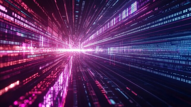 Abstract digital tunnel of binary code with pink and blue light streaks