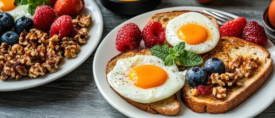 Getting the kids ready for school concept, A colorful breakfast featuring sunny-side-up eggs on toast, accompanied by fresh berries and granola.