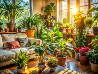 Fototapeta premium Cozy Living Room with Lush Indoor Plants, Sunlight Streaming Through Windows, Inviting Atmosphere, Natural Decor, Perfect for Relaxation and Home Aesthetics