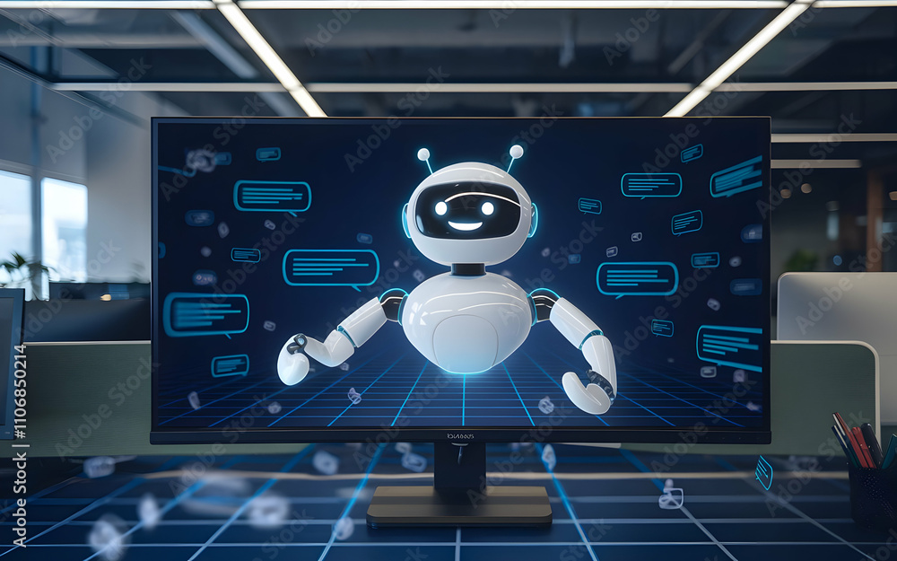 Poster the future is now: a friendly robot smiles from a large monitor in a modern office setting, symboliz