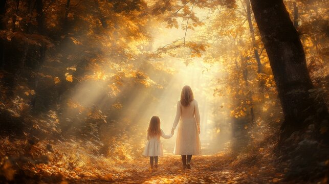 Mother and daughter walking through a forest with autumn leaves, sunlight filtering through trees, moment of family bonding in a serene natural setting