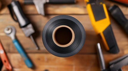 Fototapeta premium A top-down view of a roll of duct tape resting on a workbench, with tools nearby. The focus is on the duct tape's material and strength.