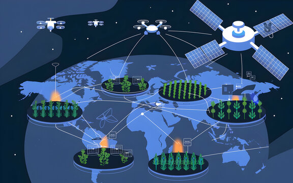 Global Network of Drones and Satellites: An illustration depicting a network of drones and satellites monitoring and managing various activities across the globe.