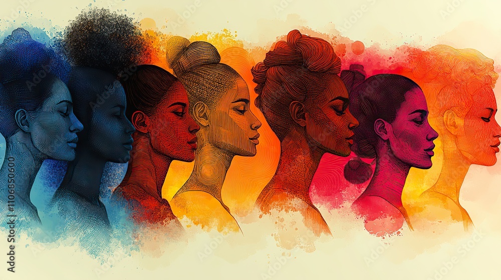 Poster a pattern of colorful line drawings of profile silhouettes on a white background, representing diver