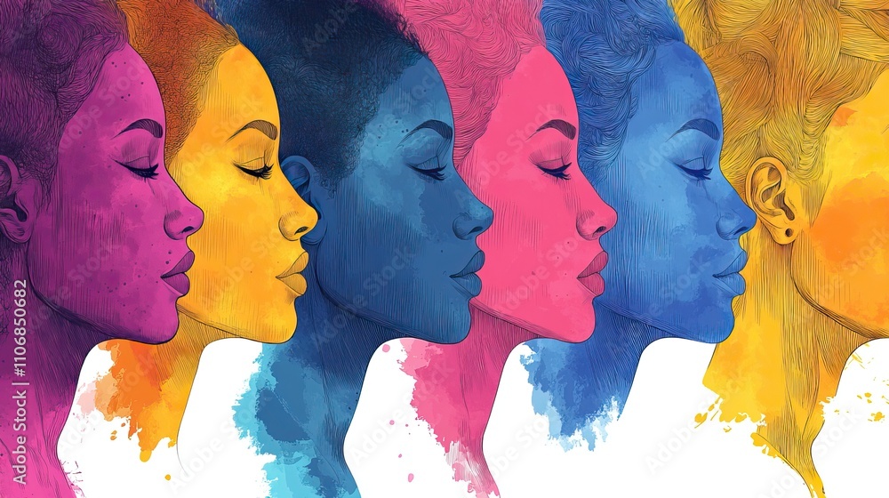Poster a pattern of colorful line drawings of profile silhouettes on a white background, representing diver