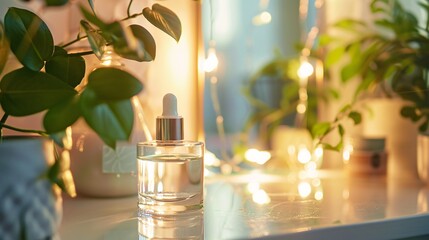 Luxurious natural skincare serum or essential oil product in a transparent glass bottle with dropper  The bottle is surrounded by fresh green leaves against a soft blurred background