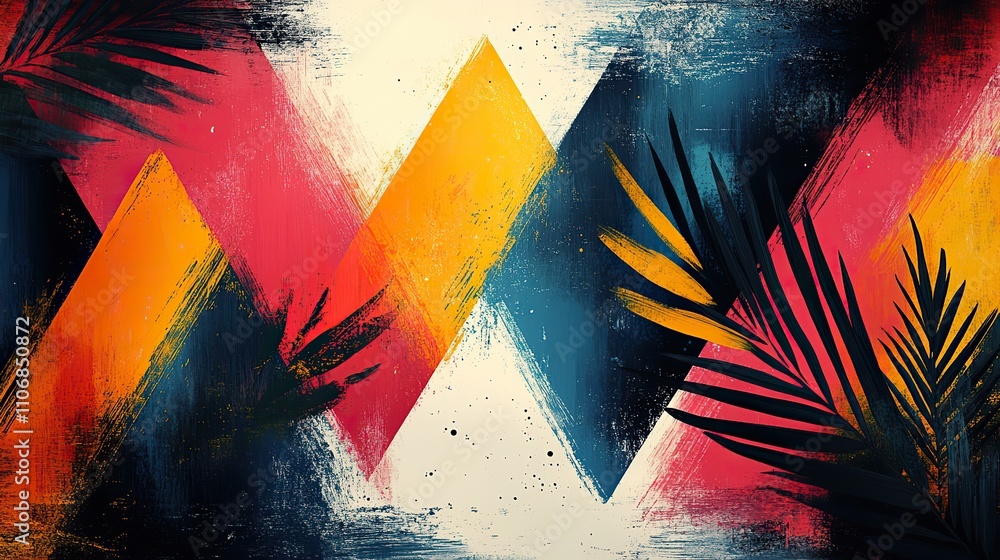 Poster a pattern of colorful triangles with brush strokes and zebra stripes pops against a white background