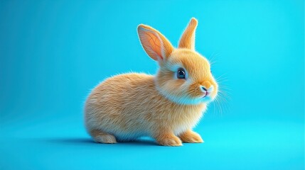 Obraz premium Cute little fluffy orange bunny sitting on a bright blue background.