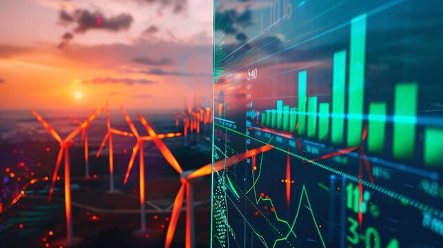 Renewable energy and sustainable electricity production concept with wind turbines solar panels and market financial data and charts  Depicting the growth and transition towards clean