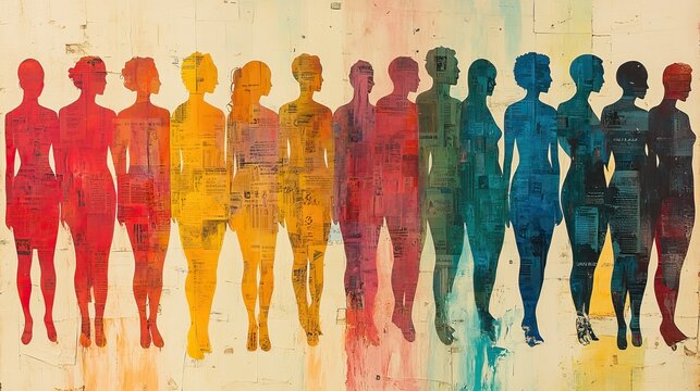 A pattern of colorful silhouettes of people, their bodies composed of text and images